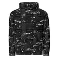 Recycled white unisex hoodie with all-over print from Daemon Luxury's Luxury Nights collection, featuring a cozy hood and stylish design.