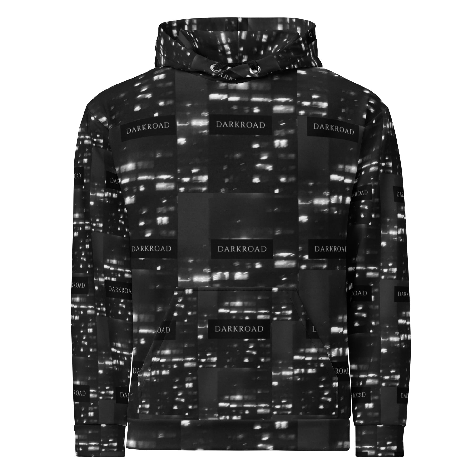 Recycled white unisex hoodie with all-over print from Daemon Luxury's Luxury Nights collection, featuring a cozy hood and stylish design.