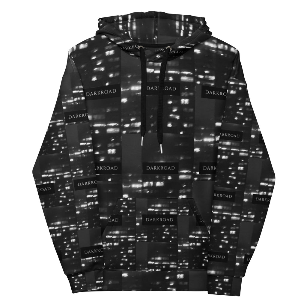 White Daemon Luxury unisex hoodie with all-over recycled print and hood, featuring a stylish and modern design.