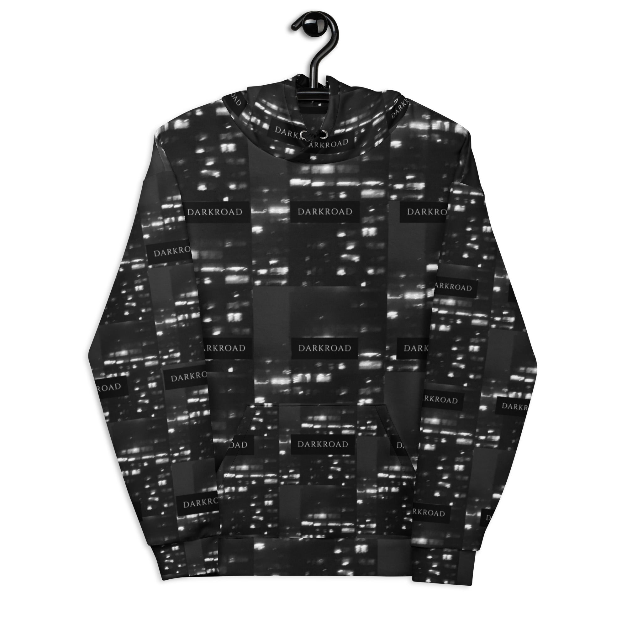 Recycled white unisex hoodie with all-over print and hood, featuring luxury nighttime design by Daemon Luxury.