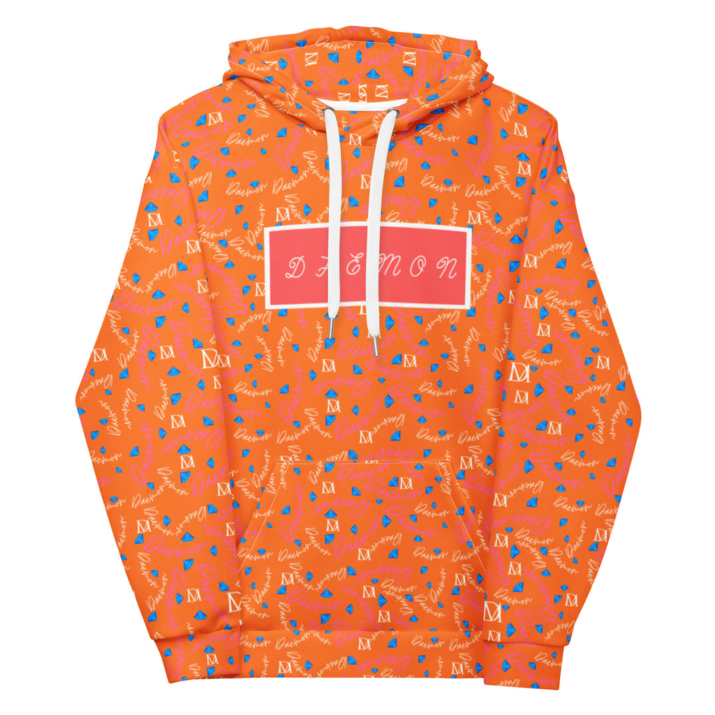 Recycled white unisex hoodie with all-over serpentine Nicaragua print by Daemon Luxury, featuring a hood and front design.