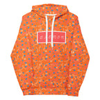 Recycled white unisex hoodie with all-over serpentine Nicaragua print by Daemon Luxury, featuring a hood and front design.