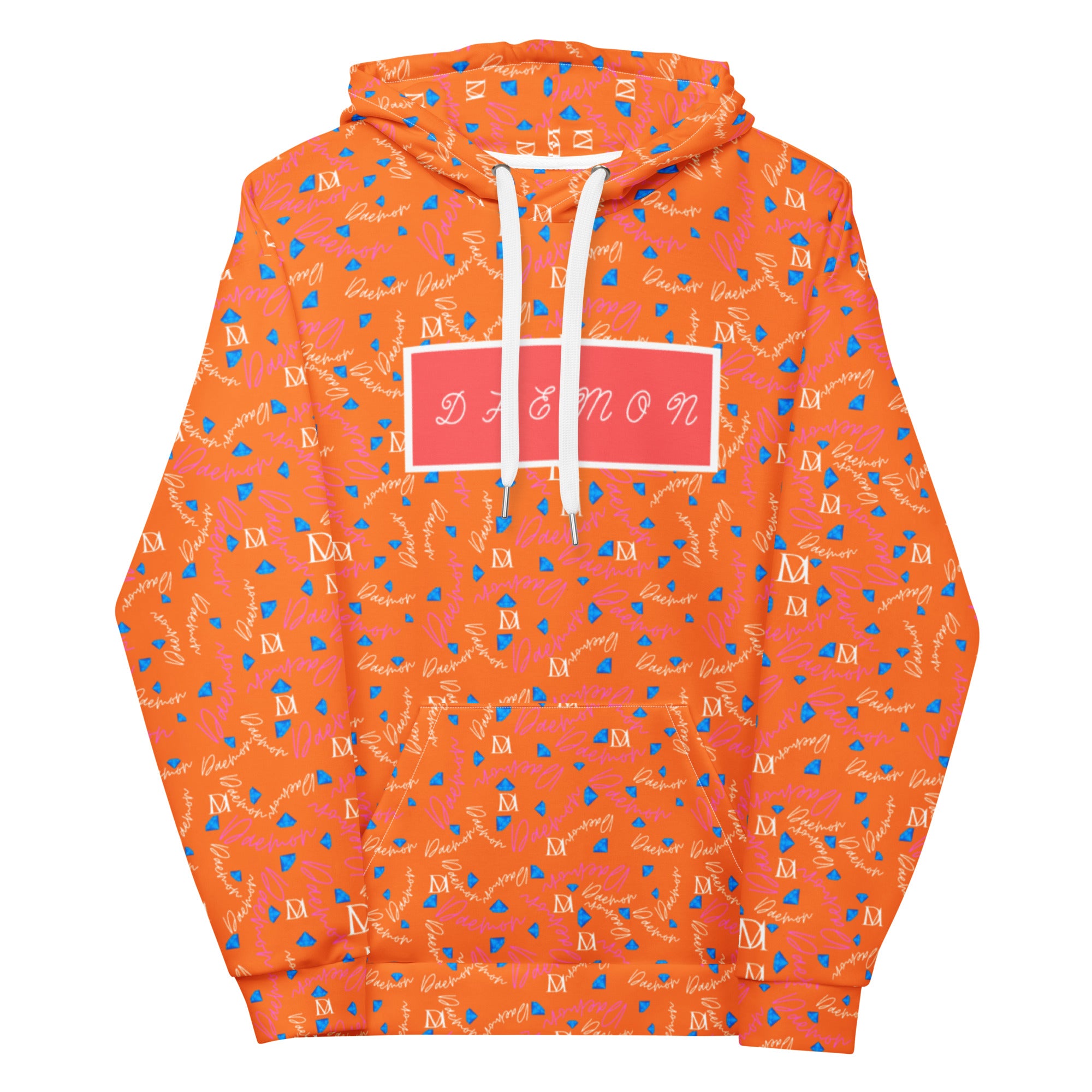 Recycled white unisex hoodie with all-over serpentine Nicaragua print by Daemon Luxury, featuring a hood and front design.