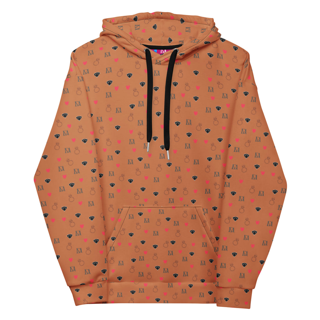 Unisex white hoodie with all-over speckled diamond print by Daemon Luxury, featuring a front view and hood.