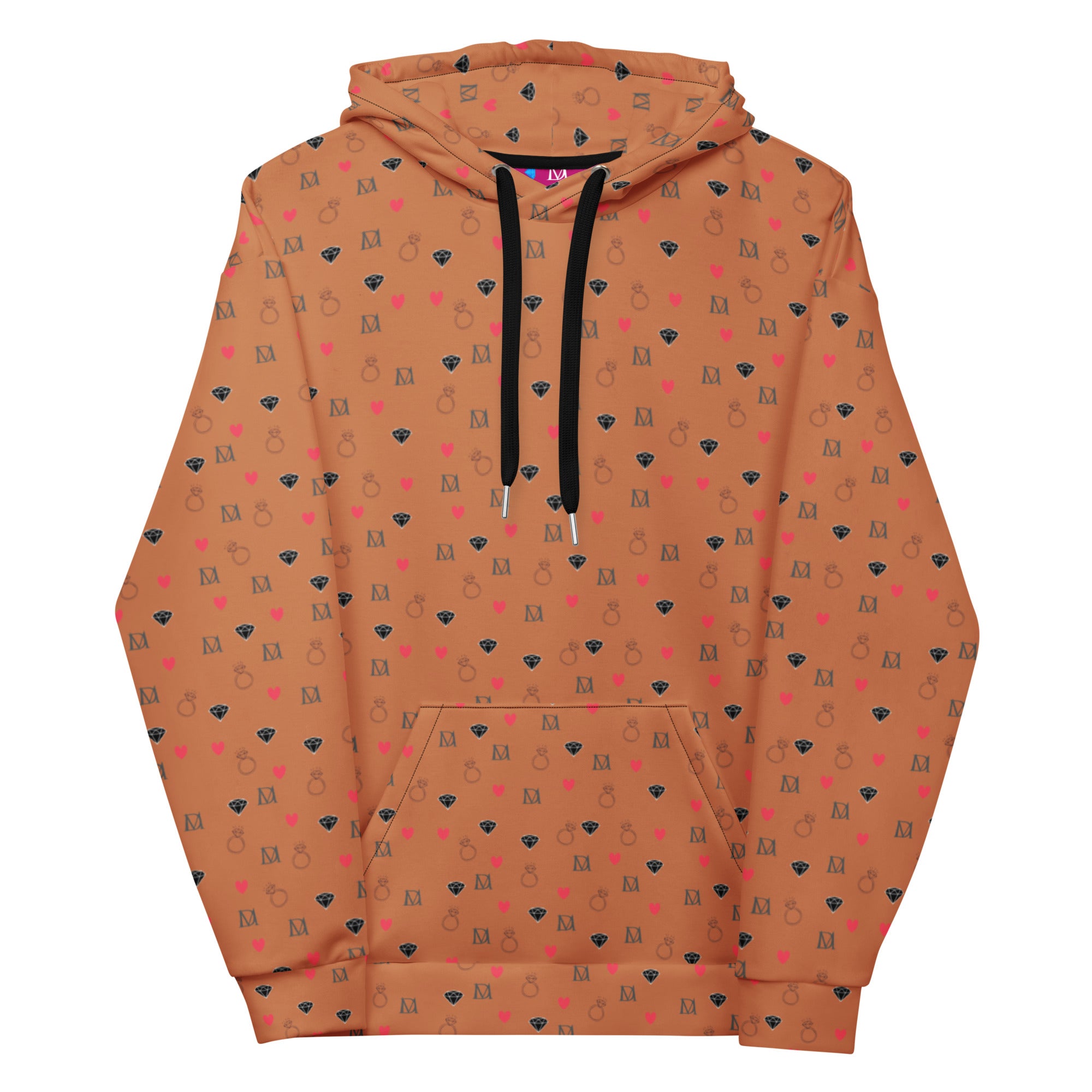 Unisex white hoodie with all-over speckled diamond print by Daemon Luxury, featuring a front view and hood.