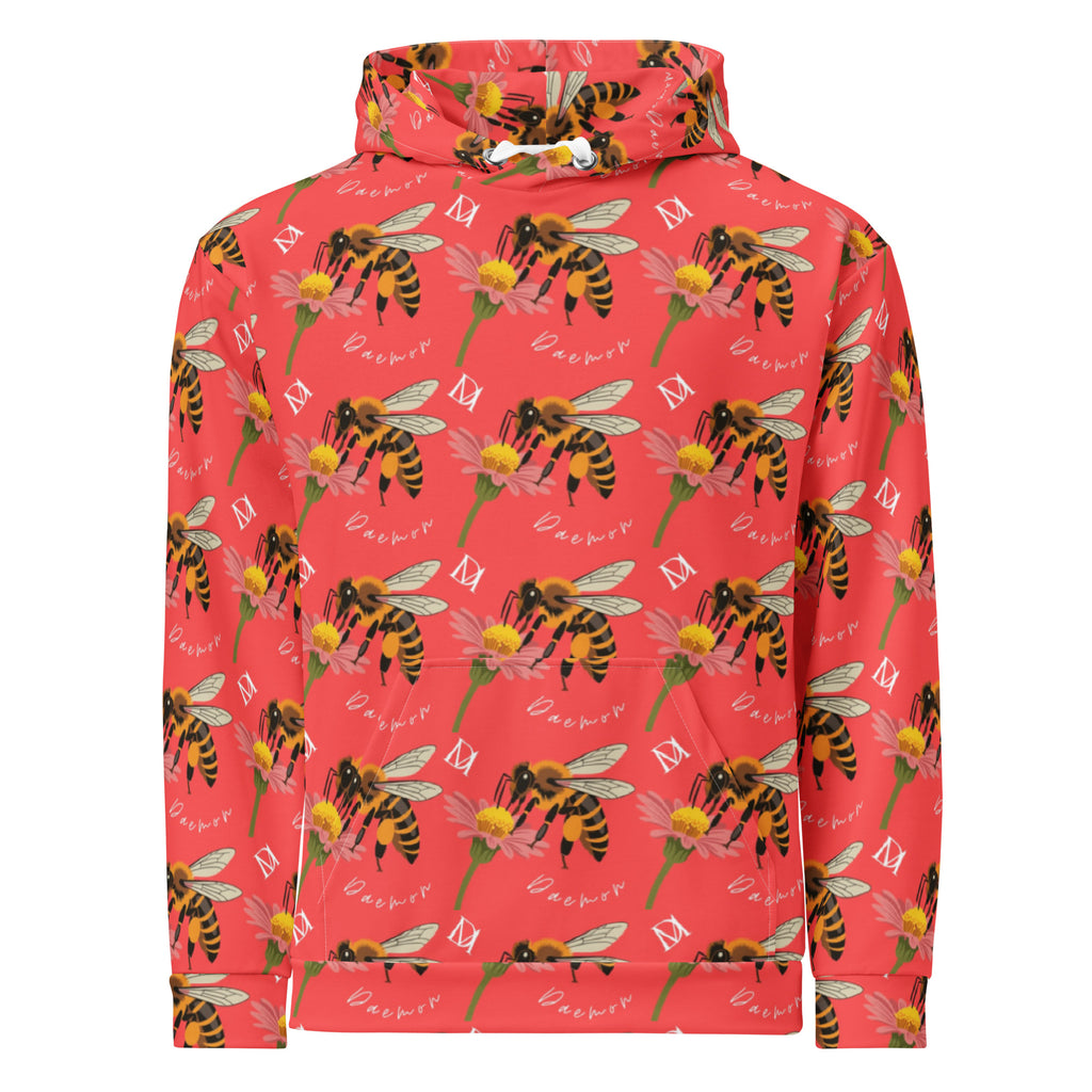 Unisex white hoodie with all-over print of Honeybee Shores design by Daemon Luxury, featuring a front view and recycled fabric.