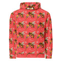 Unisex white hoodie with all-over print of Honeybee Shores design by Daemon Luxury, featuring a front view and recycled fabric.