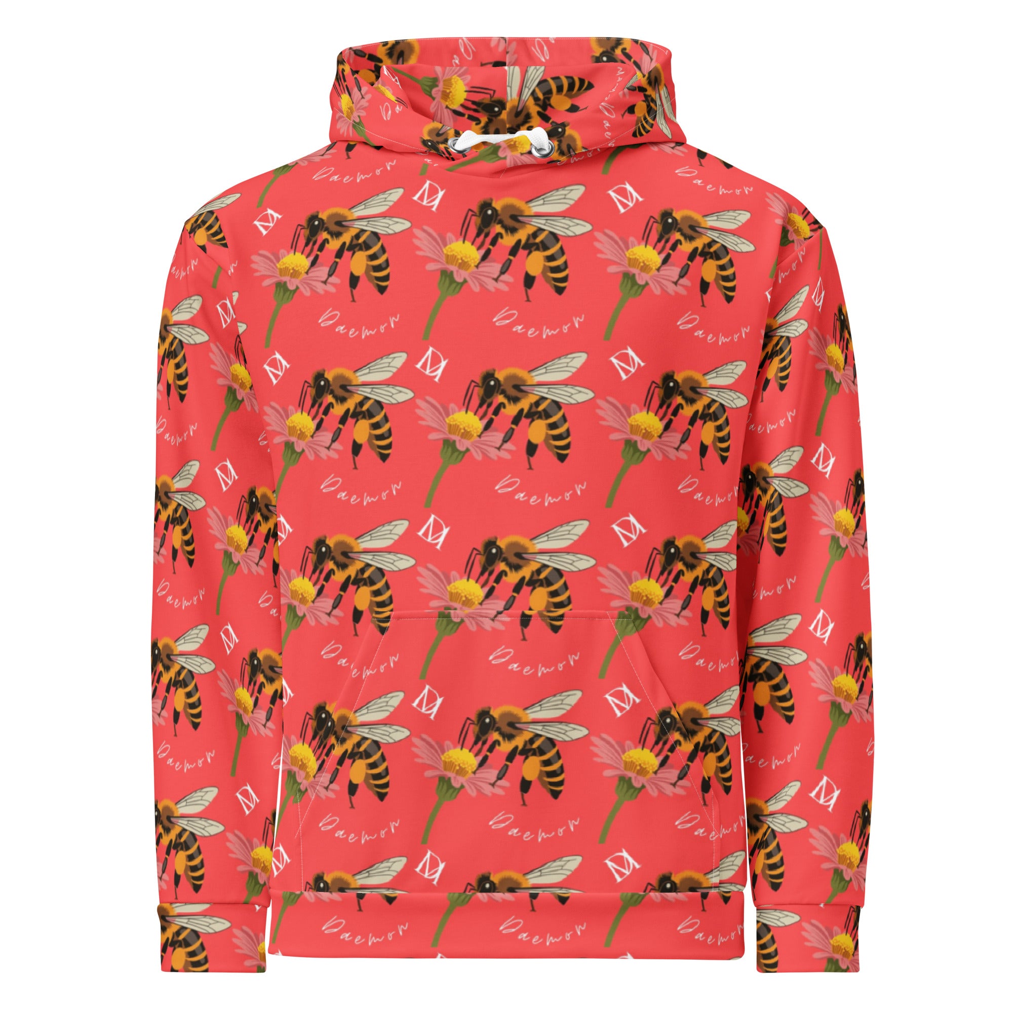 Unisex white hoodie with all-over print of Honeybee Shores design by Daemon Luxury, featuring a front view and recycled fabric.