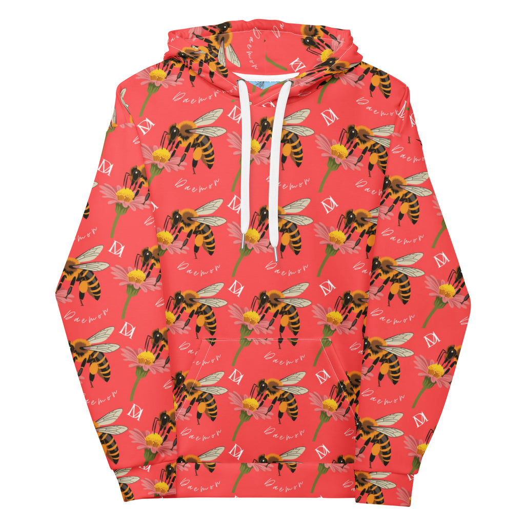 Daemon Luxury Honeybee Shores Felpa Cappuccio unisex hoodie with all-over print in white featuring colorful bee and floral design.
