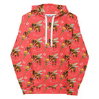 Daemon Luxury Honeybee Shores Felpa Cappuccio unisex hoodie with all-over print in white featuring colorful bee and floral design.