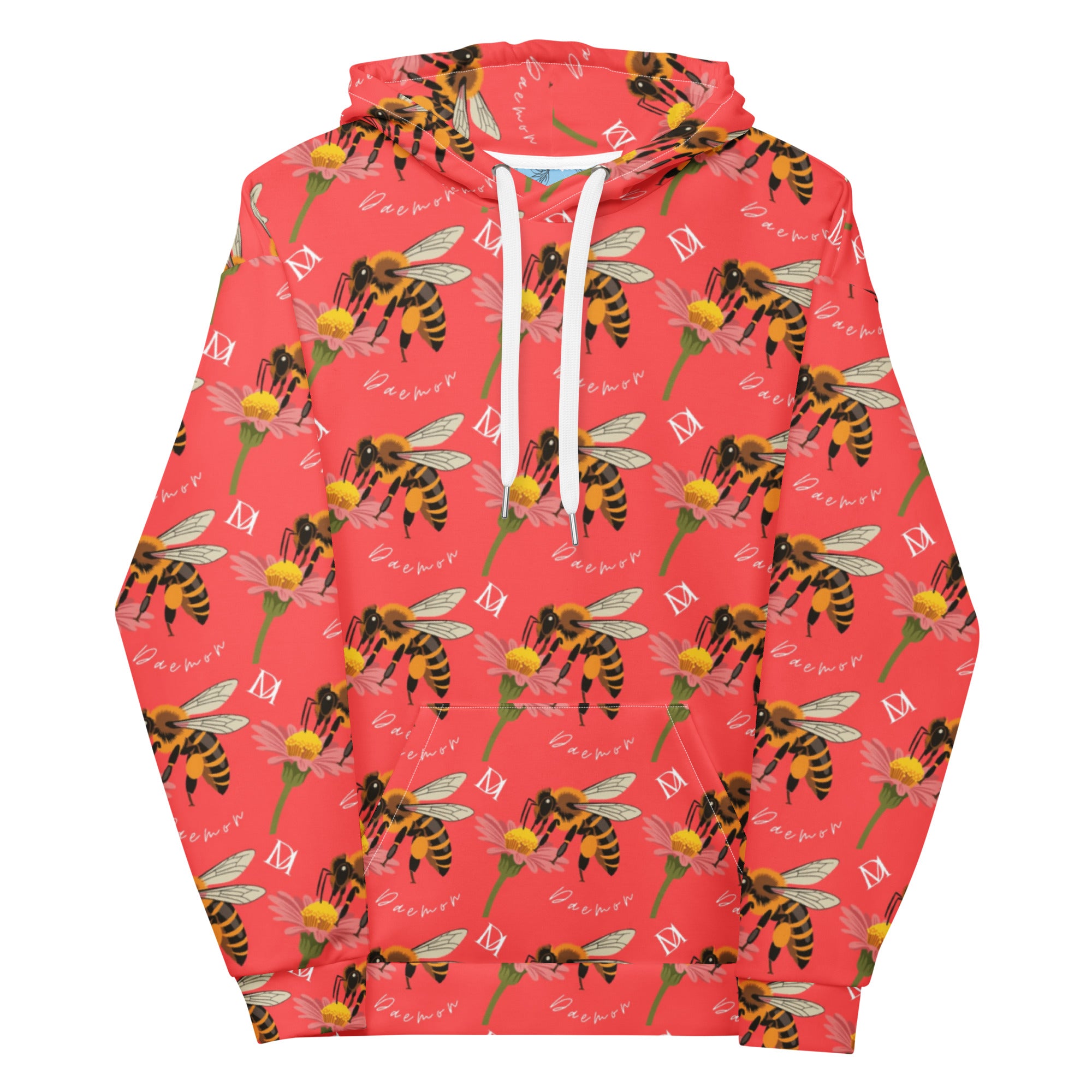 Daemon Luxury Honeybee Shores Felpa Cappuccio unisex hoodie with all-over print in white featuring colorful bee and floral design.
