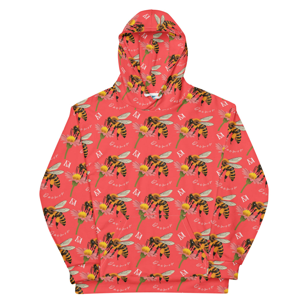 Daemon Luxury Honeybee Shores unisex hoodie with all-over recycled print, featuring a white background and hooded design.