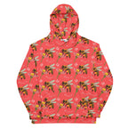 Daemon Luxury Honeybee Shores unisex hoodie with all-over recycled print, featuring a white background and hooded design.