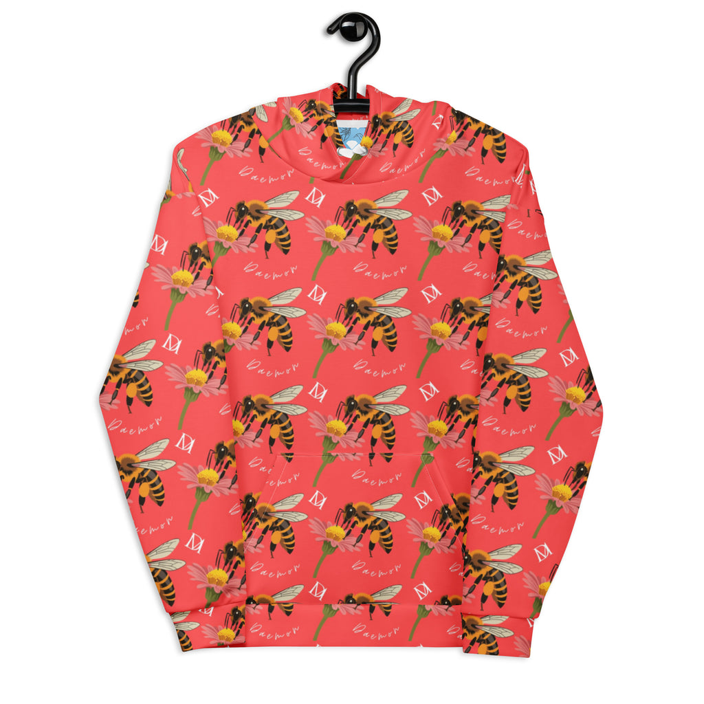 Daemon Luxury Honeybee Shores unisex hoodie with all-over print, recycled fabric, white front, casual and stylish.