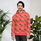 Daemon Luxury Honeybee Shores Felpa Cappuccio hoodie with all-over-print recycled fabric in white, unisex casual sweatshirt.