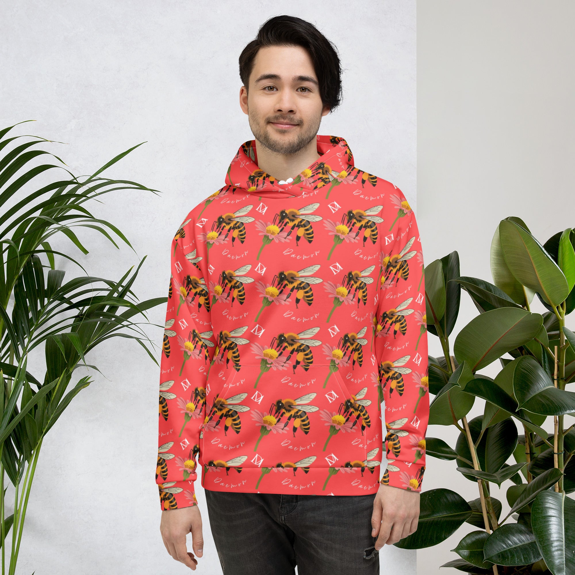 Daemon Luxury Honeybee Shores Felpa Cappuccio hoodie with all-over-print recycled fabric in white, unisex casual sweatshirt.