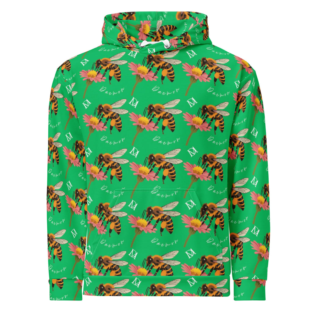 Recycled white unisex hoodie with all-over honeybee shores lucky charm print by Daemon Luxury, featuring a front view.