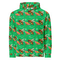 Recycled white unisex hoodie with all-over honeybee shores lucky charm print by Daemon Luxury, featuring a front view.