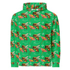 Recycled white unisex hoodie with all-over honeybee shores lucky charm print by Daemon Luxury, featuring a front view.