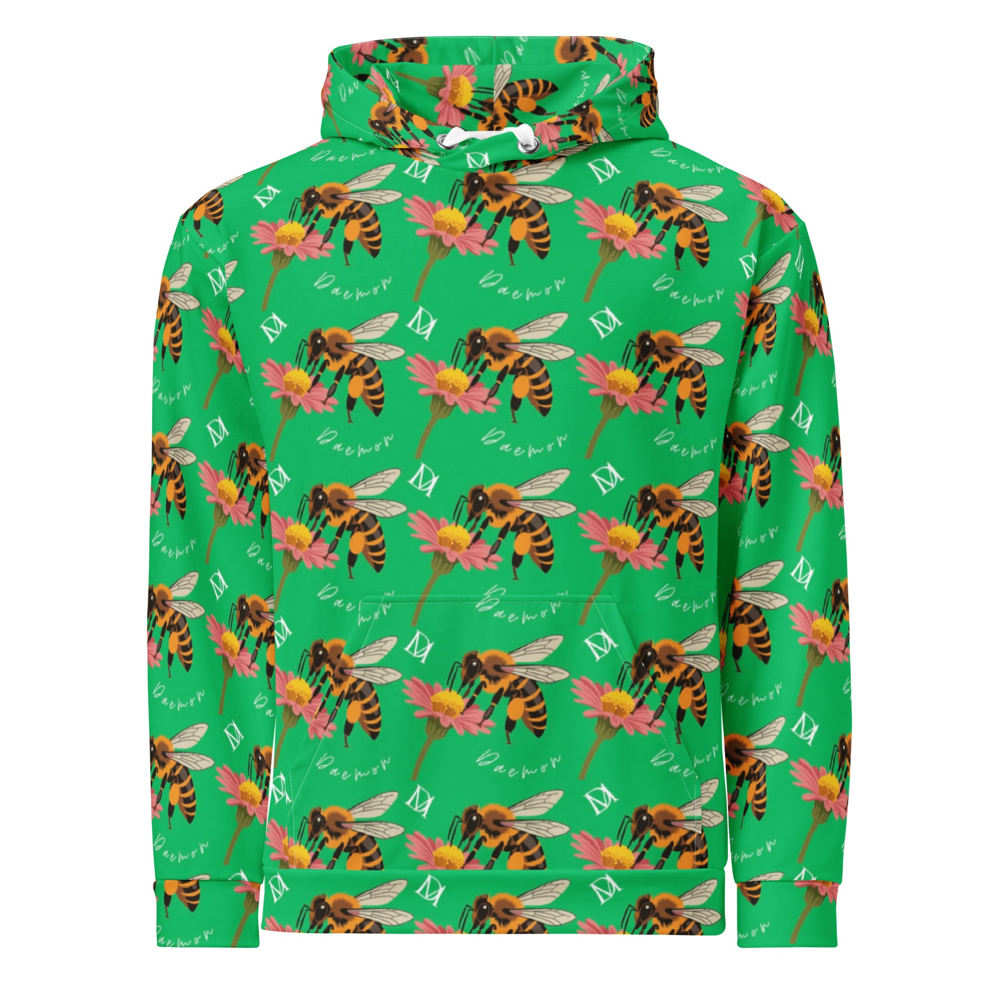 Recycled white unisex hoodie with all-over honeybee shores lucky charm print by Daemon Luxury, featuring a front view.