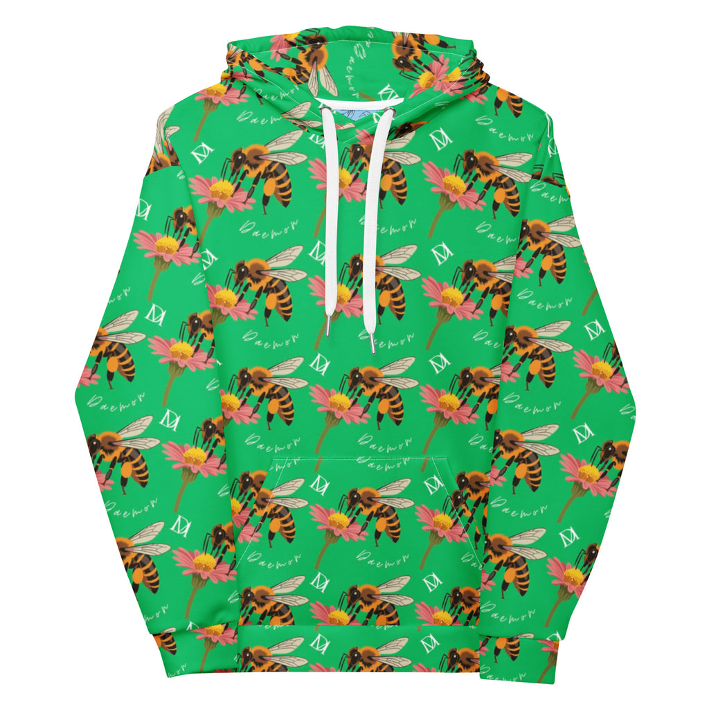 White unisex hoodie with all-over honeybee and lucky charm print, featuring a cozy hood and casual fit by Daemon Luxury.