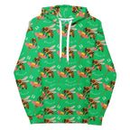 White unisex hoodie with all-over honeybee and lucky charm print, featuring a cozy hood and casual fit by Daemon Luxury.