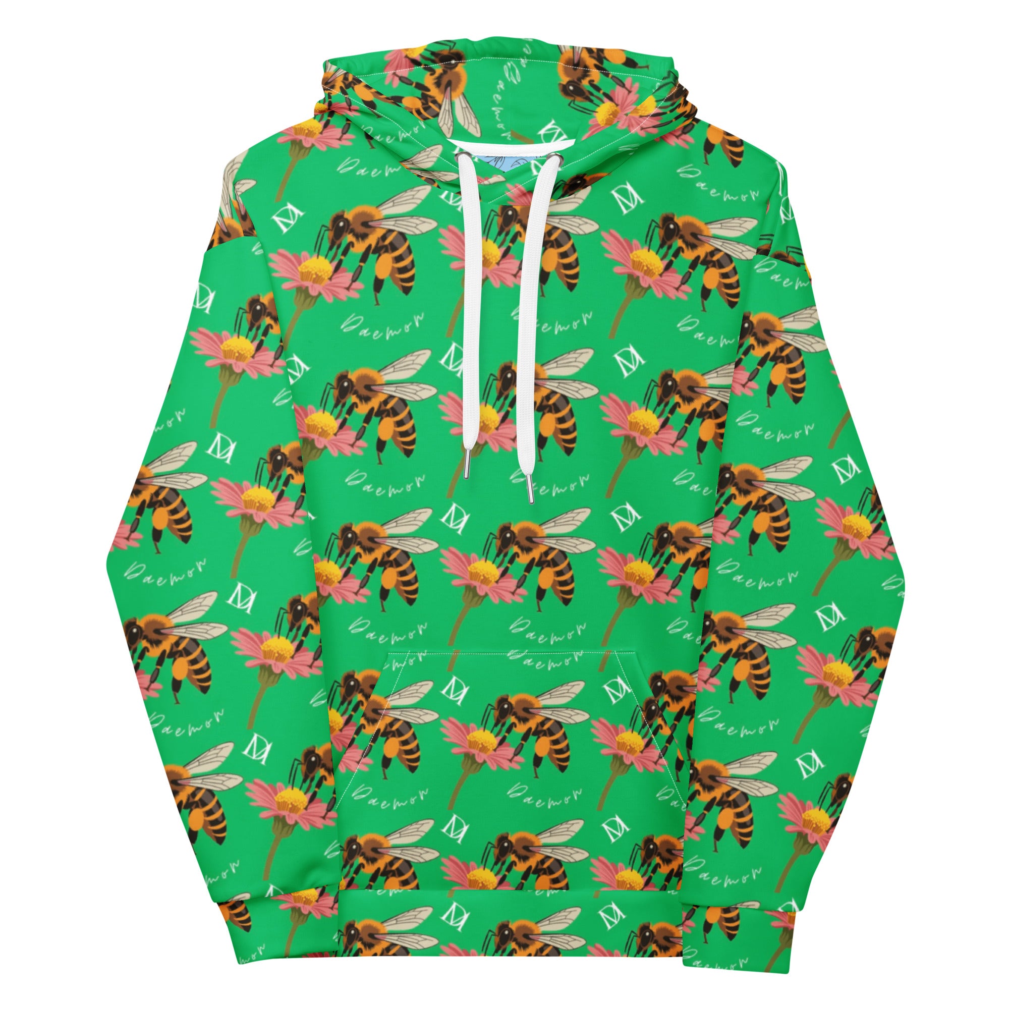 White unisex hoodie with all-over honeybee and lucky charm print, featuring a cozy hood and casual fit by Daemon Luxury.