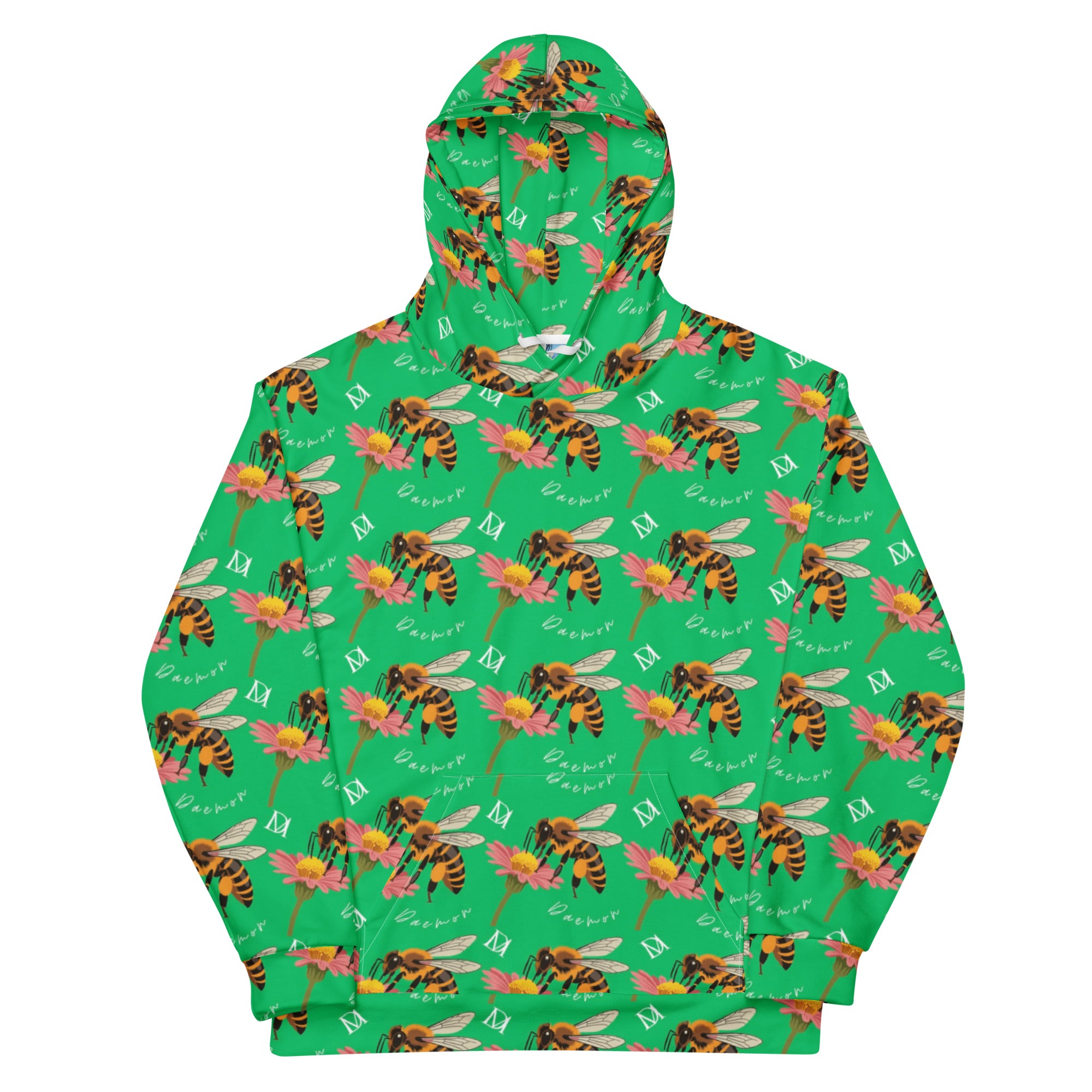 White Daemon Luxury Honeybee Shores Lucky Charm unisex hoodie with all-over-print design and front pocket.