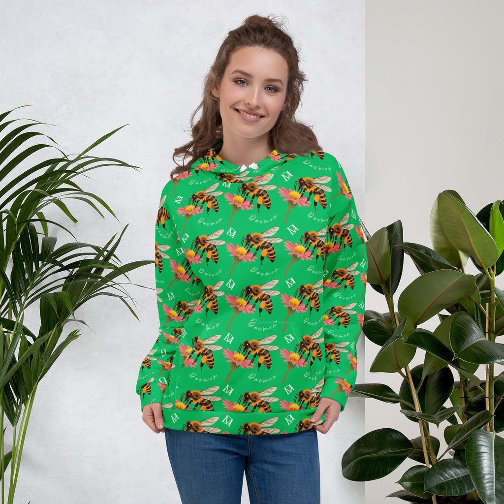 White recycled unisex hoodie with Honeybee Shores Lucky Charm print by Daemon Luxury, featuring all-over colorful design and front pocket.