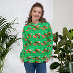 White recycled unisex hoodie with Honeybee Shores Lucky Charm print by Daemon Luxury, featuring all-over colorful design and front pocket.
