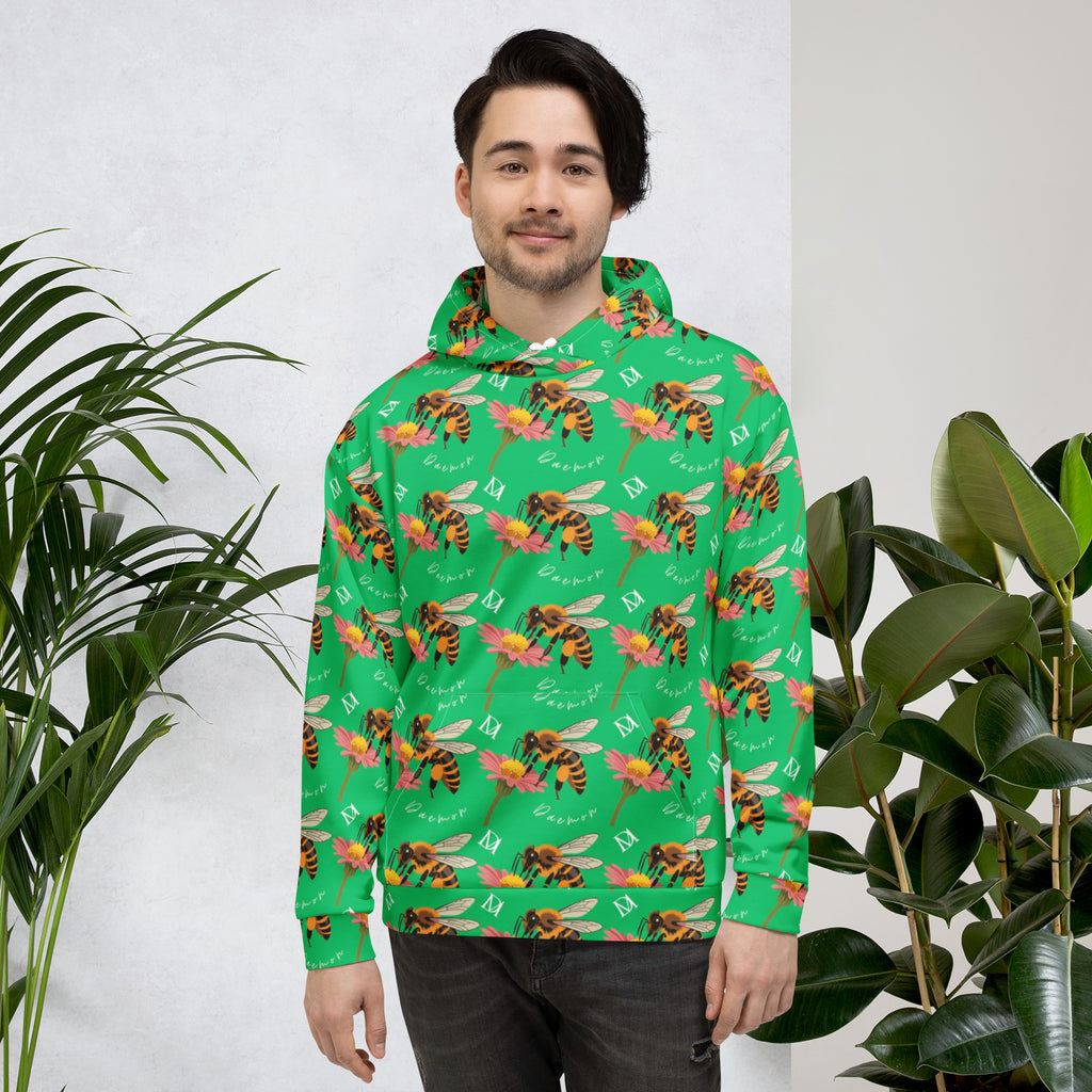 White all-over-print recycled cotton unisex hoodie with Honeybee Shores Lucky Charm design by Daemon Luxury.