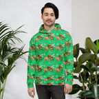 White all-over-print recycled cotton unisex hoodie with Honeybee Shores Lucky Charm design by Daemon Luxury.