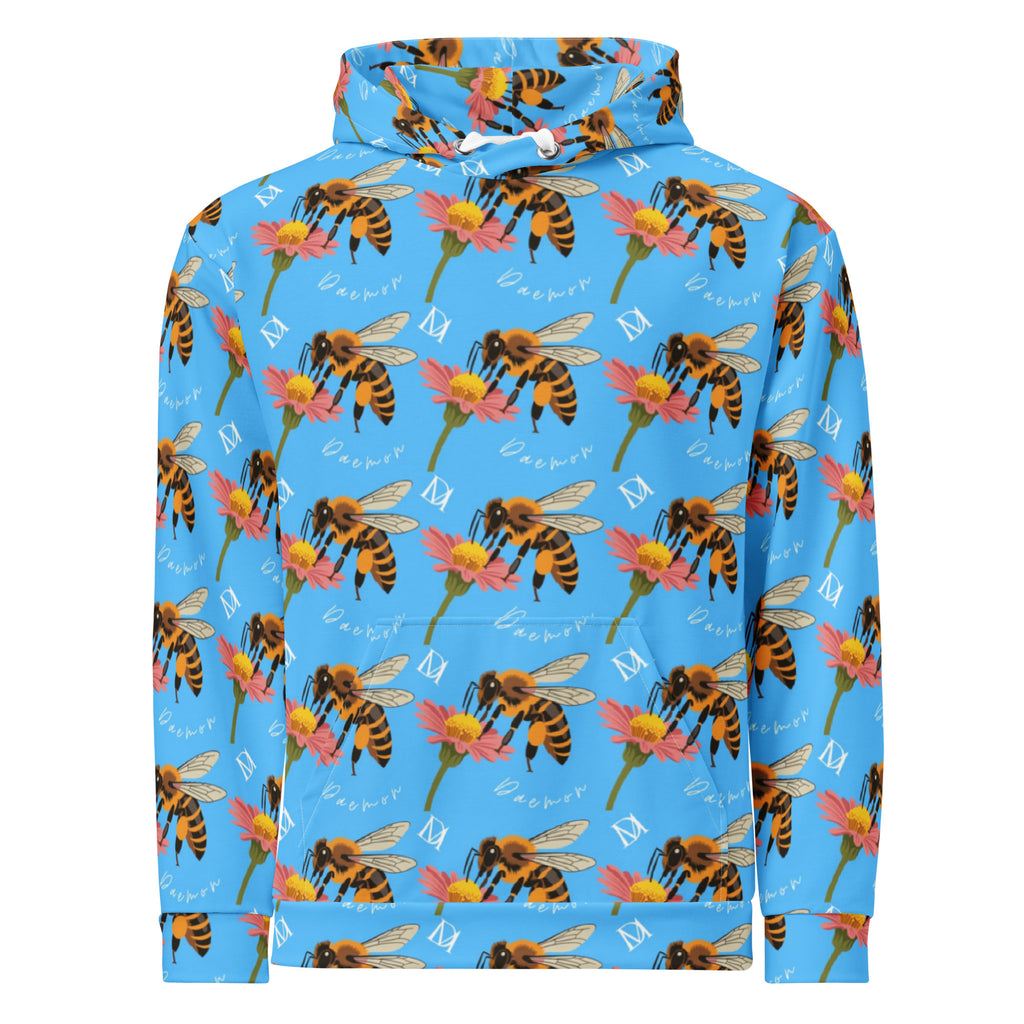 White recycled unisex hoodie with all-over Honeybee Shores Pacifica Fever print by Daemon Luxury, front view.