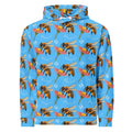 White recycled unisex hoodie with all-over Honeybee Shores Pacifica Fever print by Daemon Luxury, front view.