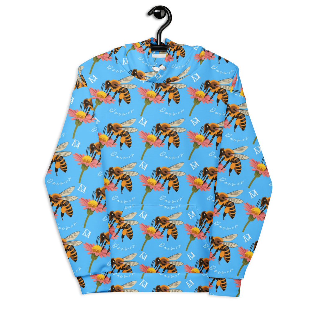 White all-over print recycled unisex hoodie featuring Honeybee Shores Pacifica Fever design by Daemon Luxury.