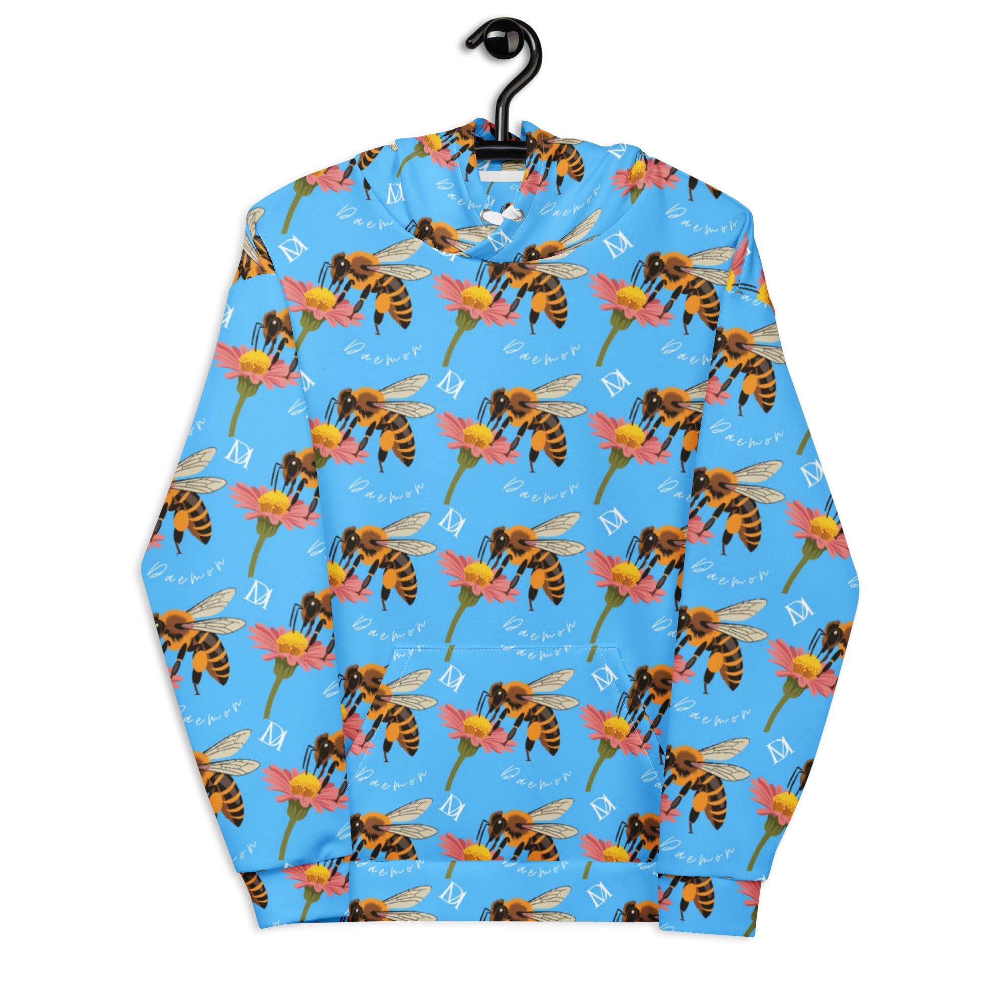 White all-over print recycled unisex hoodie featuring Honeybee Shores Pacifica Fever design by Daemon Luxury.