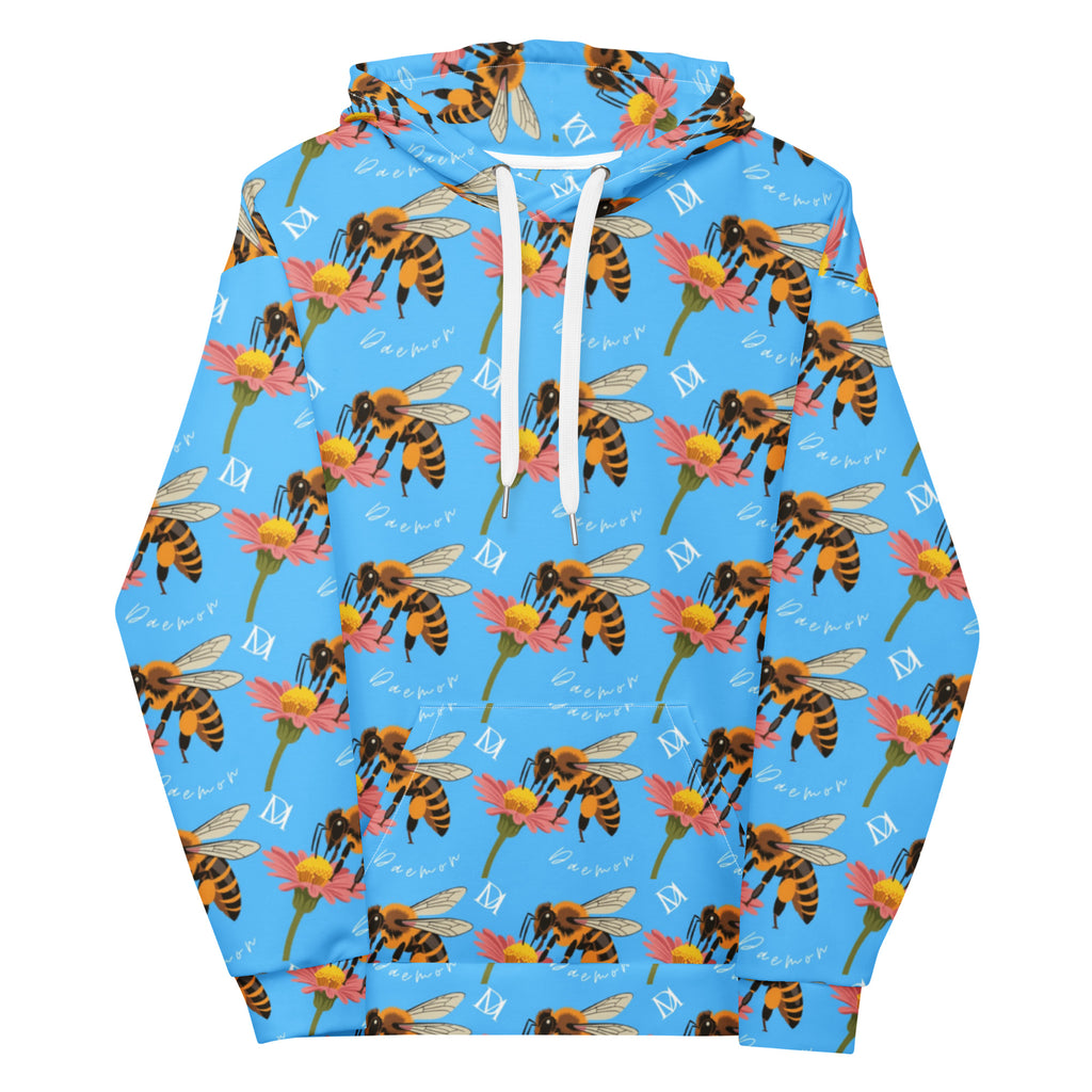 Daemon Luxury Honeybee Shores Pacifica Fever unisex hoodie with all-over print, recycled fabric, white front, cozy and stylish.