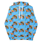 Daemon Luxury Honeybee Shores Pacifica Fever unisex hoodie with all-over print, recycled fabric, white front, cozy and stylish.