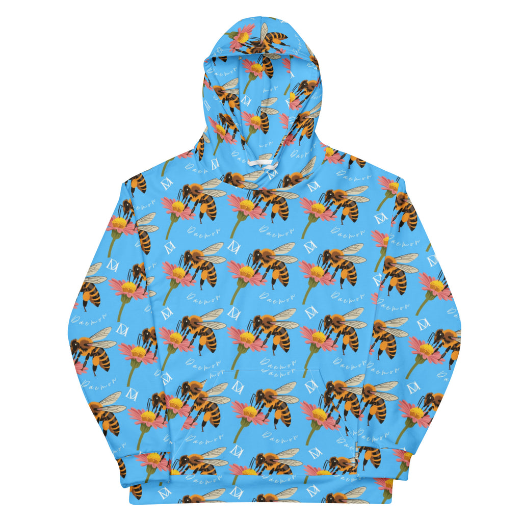 Daemon Luxury Honeybee Shores Pacifica Fever all-over-print recycled unisex hoodie in white, front view with detailed design.
