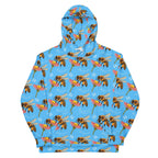 Daemon Luxury Honeybee Shores Pacifica Fever all-over-print recycled unisex hoodie in white, front view with detailed design.
