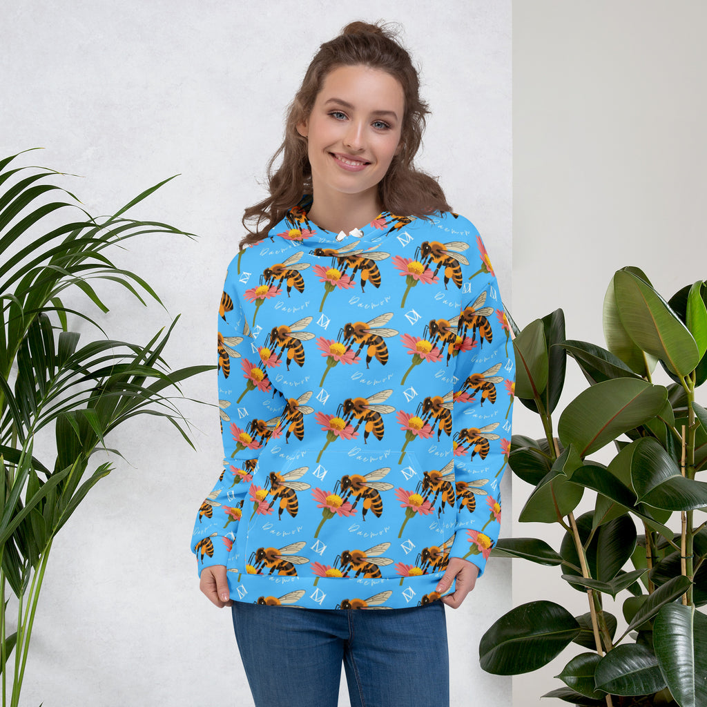 Daemon Luxury Honeybee Shores Pacifika Fever unisex hoodie with all-over printed recycled fabric and white front design.