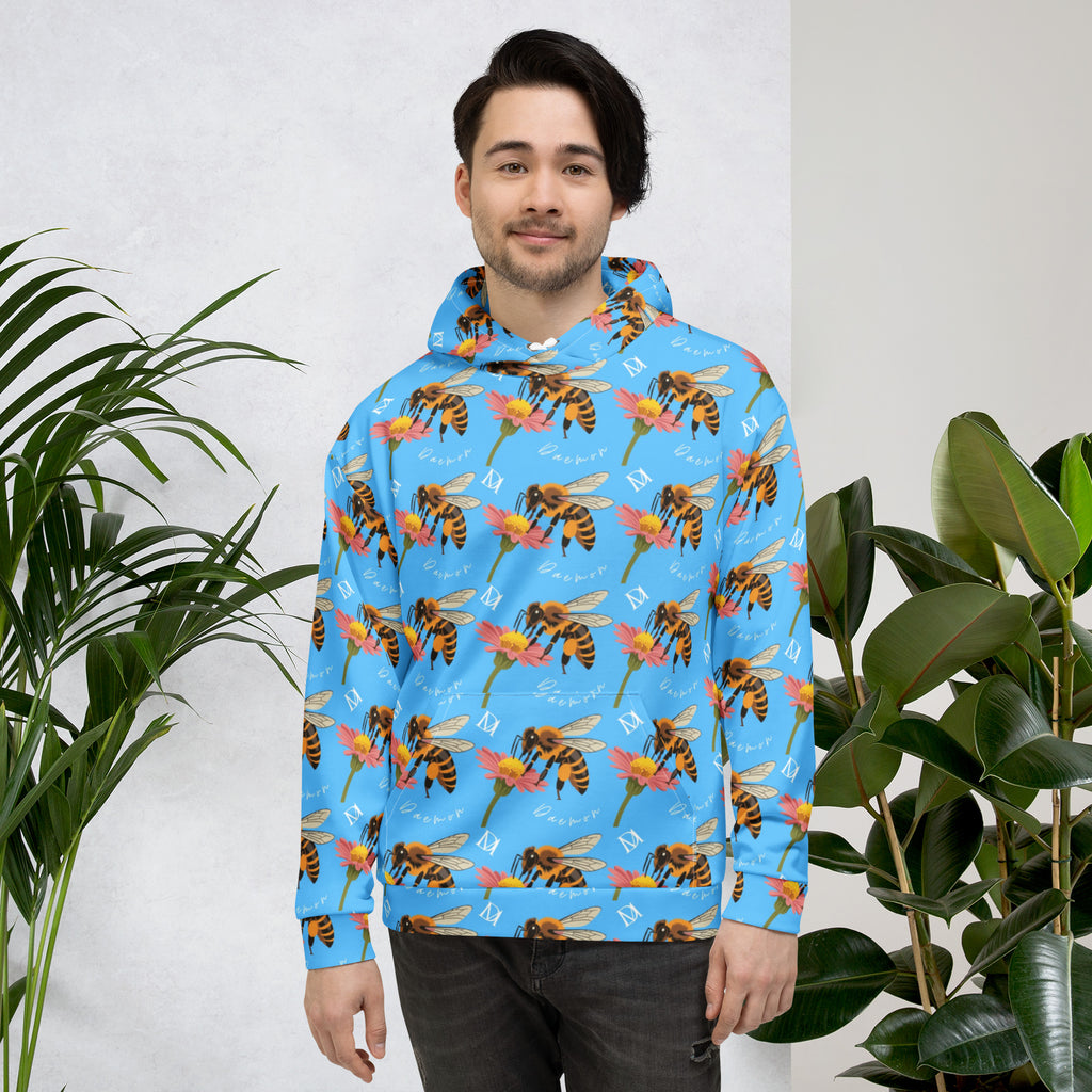 Daemon Luxury Honeybee Shores Pacífica Fever recycled unisex white hoodie with all-over print, front view.