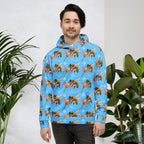 Daemon Luxury Honeybee Shores Pacífica Fever recycled unisex white hoodie with all-over print, front view.