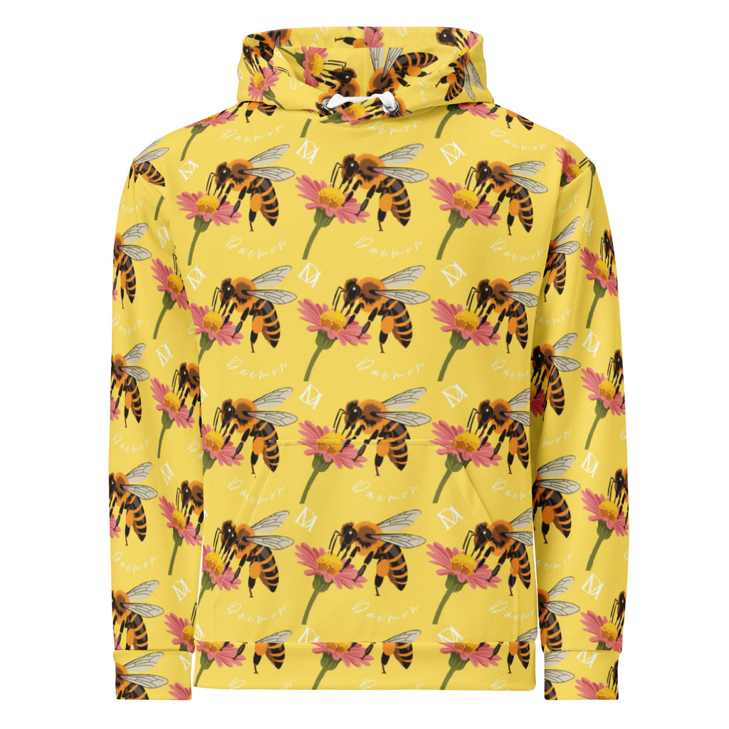 Recycled white unisex hoodie with Honeybee Shores Solo Star print from Daemon Luxury, featuring a front view and hood.