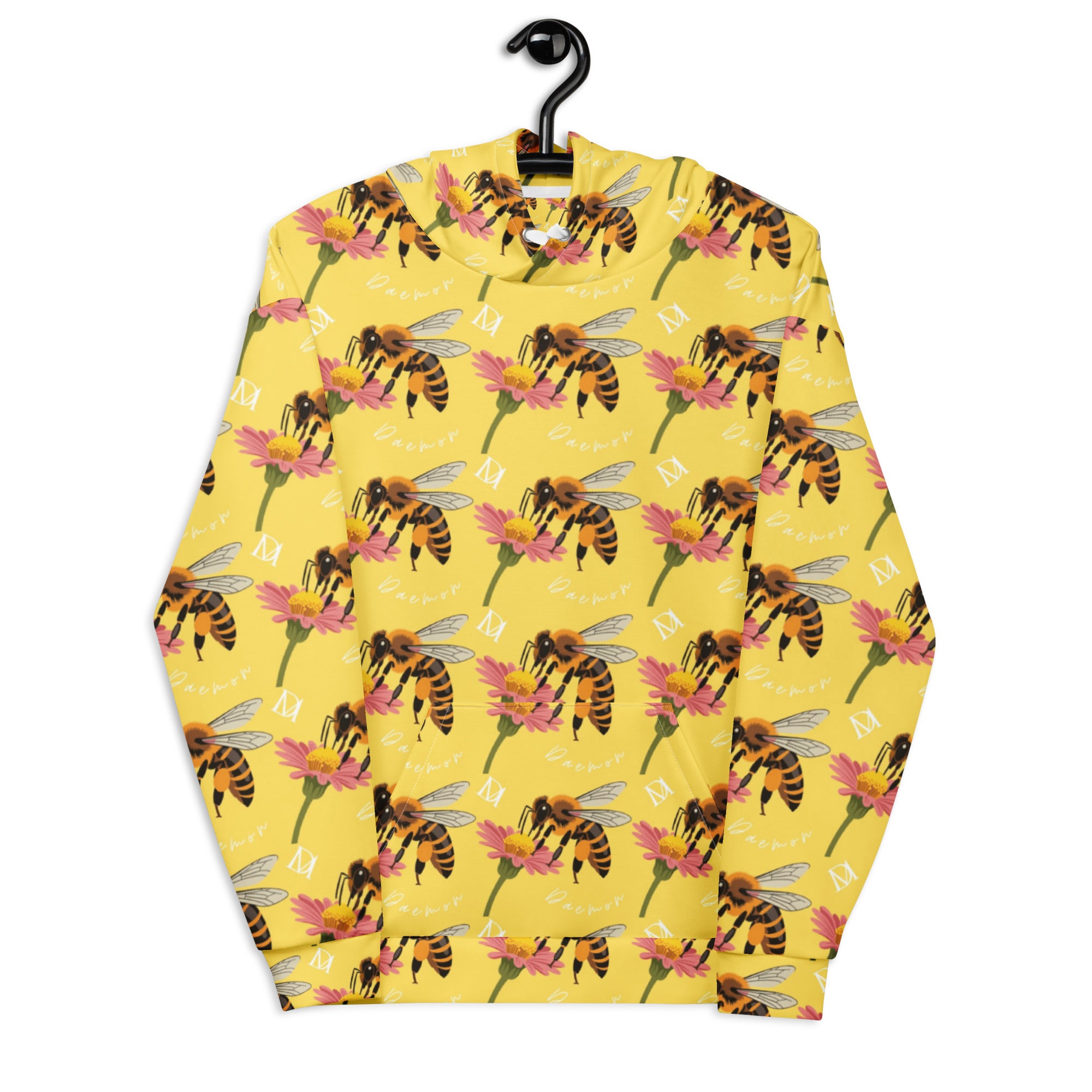 White unisex hoodie with all-over print featuring Honeybee Shores Solo Star design by Daemon Luxury, front view.