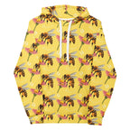 White unisex hoodie by Daemon Luxury featuring all-over print of Honeybee Shores (Solo Star) design with a front view.