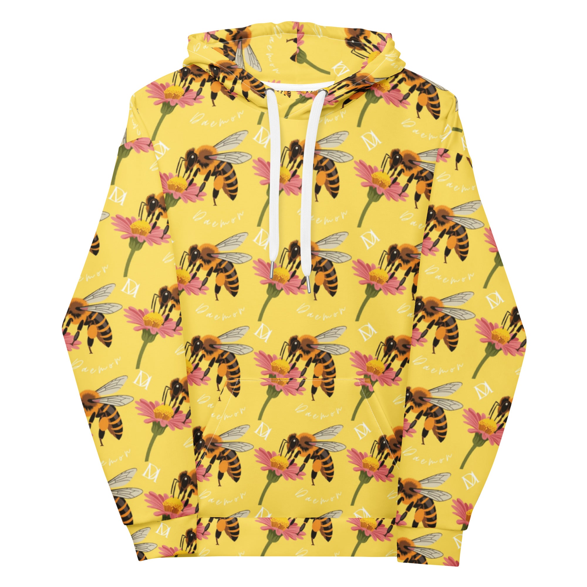 White unisex hoodie by Daemon Luxury featuring all-over print of Honeybee Shores (Solo Star) design with a front view.