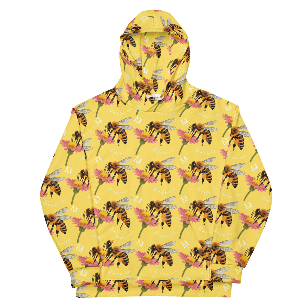 Unisex white hoodie with all-over honeybee shores print, featuring a cozy hood, by Daemon Luxury.