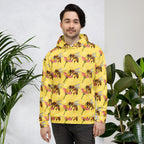 Unisex white recycled hoodie with all-over Honeybee Shores (Solo Star) print by Daemon Luxury, front view.