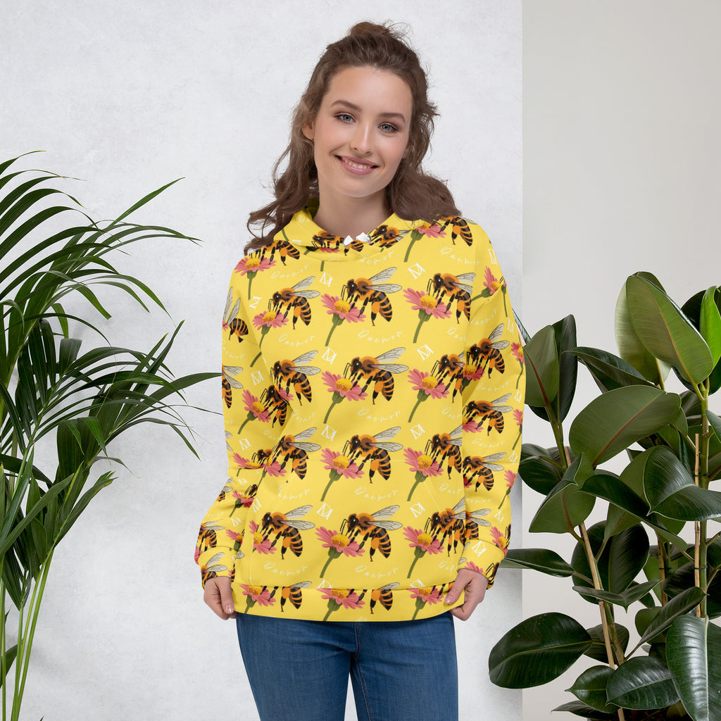 White Honeybee Shores solo star unisex hoodie with all-over print by Daemon Luxury, featuring a cozy hood and stylish design.